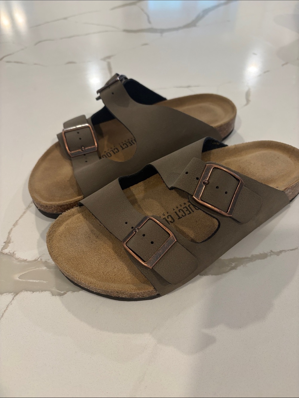 Women's Double-Buckle Slide Sandal — stone leather